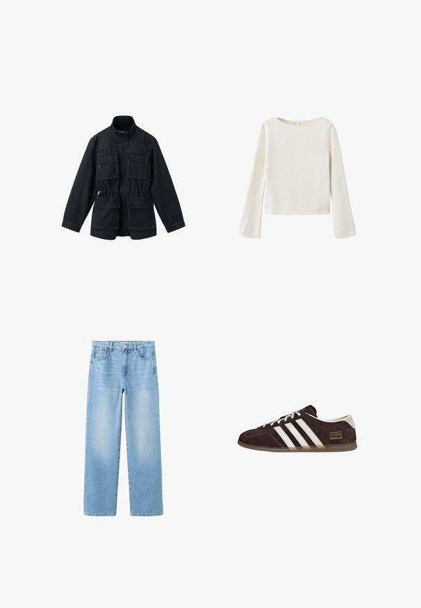 Veste en denim foncé avec un col montant, deux poches à rabat sur le devant, taille élastiquée et manches longues. Texture lisse.; Pull blanc cassé à manches longues avec un large col rond et des manches légèrement évasées, fabriqué en tissu en maille douce.; Jean en denim bleu clair avec une coupe droite, style cinq poches, passants pour ceinture et légère décoloration pour un look décontracté.; Baskets en suède marron avec trois bandes blanches, semelle en caoutchouc, et étiquette avec le texte "Gazelle" en or. Fermeture à lacets avec lacets gris.