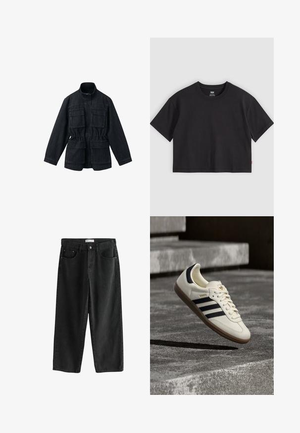 Donkere spijkerjas met een opstaande kraag, twee voorzakken met klep, elastische taille en lange mouwen. Gladde textuur.; Zwarte cropped T-shirt met korte mouwen en ronde hals en een klein rood Levi's-label op de zijnaden, plat gelegd op een lichtgrijze achtergrond.; Zwarte wijde denim jeans met een medium taille, voorzien van twee voorzakken, een knoopsluiting en subtiele stikdetails.; Witte Adidas Samba sneaker met zwarte strepen en gumzool, zwevend boven gestructureerde grijze betonnen treden.