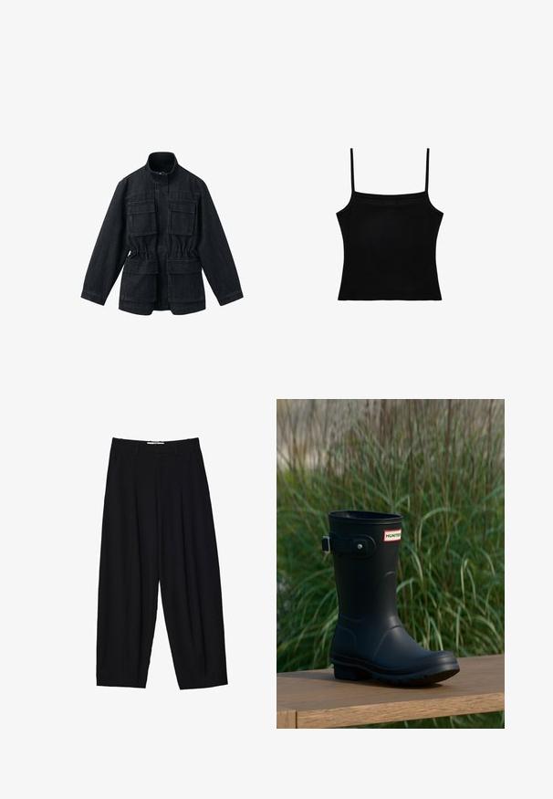 Veste en denim foncé avec un col montant, deux poches à rabat sur le devant, taille élastiquée et manches longues. Texture lisse.; Débardeur court noir avec fines bretelles spaghetti et encolure droite, présenté sur fond blanc.; Pantalons larges noirs en tissu léger, avec des plis avant, une taille classique et des poches latérales. Texture douce.; Botte de pluie en caoutchouc noir avec une finition brillante, dotée d'une boucle argentée et d'un écusson de logo. La semelle est texturée pour une meilleure adhérence.