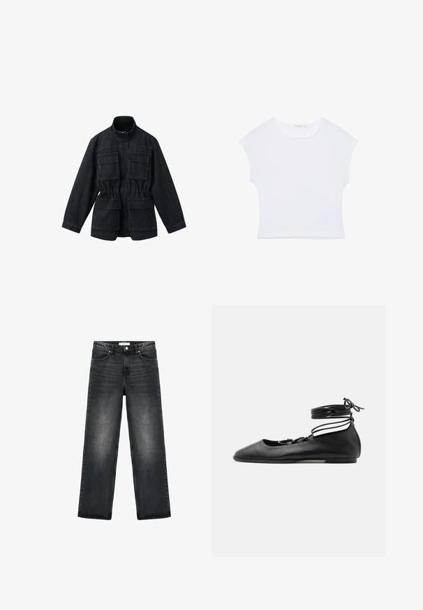 Dunkle Jeansjacke mit Stehkragen, zwei aufgesetzten Fronttaschen mit Klappen, elastischem Bund und langen Ärmeln. Glatte Textur.; Weißes kurzärmeliges, bauchfreies T-Shirt mit rundem Ausschnitt aus glattem Stoff, flach auf einem weißen Hintergrund liegend.; Schwarze Jeans aus Denim mit lockerer Passform, geraden Beinen und leichter Ausbleichung. Verfügt über einen Knopfverschluss und ein fünf Taschen-Design für Funktionalität.; Schwarzer flacher Ballettschuh aus Leder mit spitzer Kappe, mehreren dünnen Riemen über dem Spann und Schnürsenkeln, die um den Knöchel gewickelt sind.