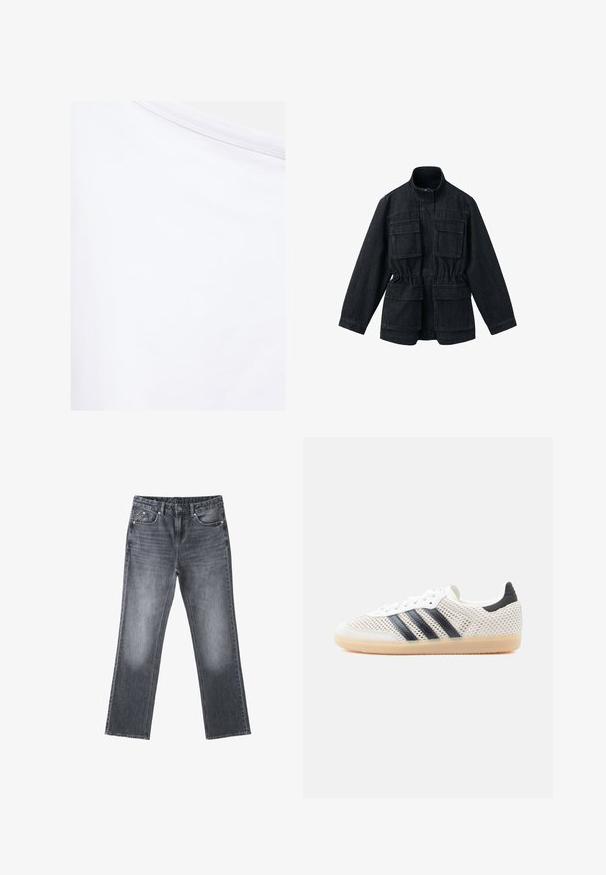 Veste en denim foncé avec un col montant, deux poches à rabat sur le devant, taille élastiquée et manches longues. Texture lisse.; Tissu blanc avec une texture lisse et une couture visible près du bord supérieur.; Jean droit en denim gris foncé avec finition délavée, bouton et fermeture éclair à l’avant, style cinq poches sur fond blanc.; Baskets en maille blanche avec un design à trois bandes noires, bout arrondi et semelle en caoutchouc gomme. Dotées d'un col de talon souple et d'une fermeture à lacets.