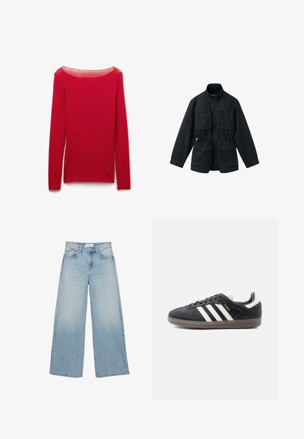 Dunkle Jeansjacke mit Stehkragen, zwei aufgesetzten Fronttaschen mit Klappen, elastischem Bund und langen Ärmeln. Glatte Textur.; Rotes, figurbetontes Langarmtop mit transparentem rundem Ausschnitt, flach auf weißem Hintergrund präsentiert.; Hellblaue, hoch taillierte Jeans mit weitem Bein, vorderen Taschen, Knopfverschluss und Gürtelschlaufen vor weißem Hintergrund.; Schwarzer Adidas Samba Sneaker mit weißen Streifen, Gummisohle und goldfarbenem "Samba"-Schriftzug an der Seite, von links im Profil vor einfachem Hintergrund gezeigt.
