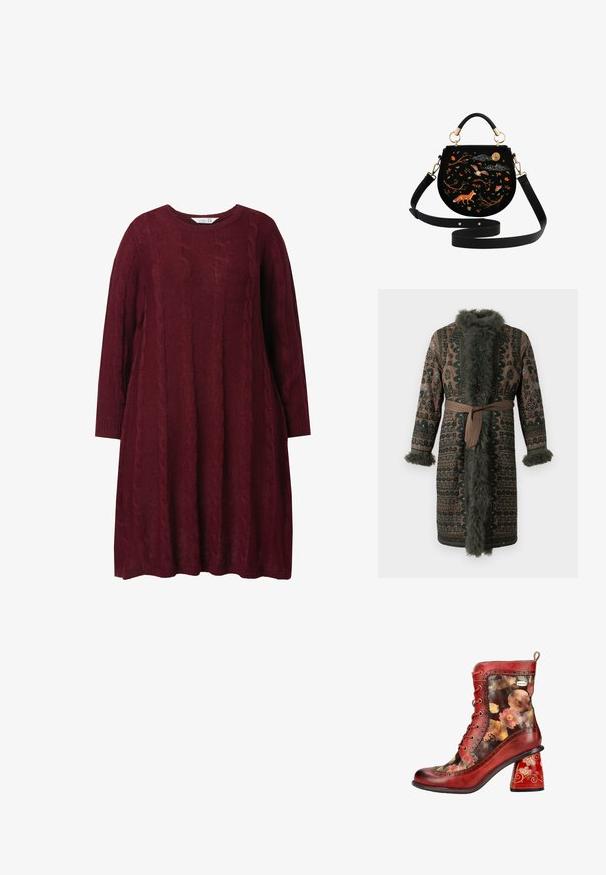 Brun robe med mønster og grønne blomsterdesigns, luksuriøse pelsdetaljer på kraven og mansjetterne samt et matchende bælte. Har en udsmykket tekstur.; Bordeaux strikket kjole med rund halsudskæring, lange ærmer og kabelstrik mønster. Løs pasform med ribbestrikkede manchetter og kant.; Rød læderankelstøvle med blomsterprint, snørelukning foran og dekoreret blokhæl med snoede blomsterdesigns.; Sort suede håndtaske med en halvmåneform, der har farverige broderede dyreskaber, guldhardware og en aftagelig skulderrem.