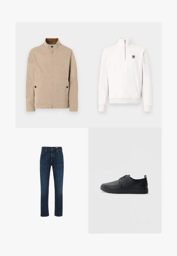 Beige herenjas met opstaande kraag, ritssluiting aan de voorkant, knoopflap bij de kraag, knoopsluitingen op de steekzakken en lange mouwen.; Witte pullover met kwartrits, geribbelde manchetten en zoom, met een klein zwart-wit vierkant logo op de linkerborst.; WE Fashion BLUE RIDGE - Straight leg jeans - dark blue; Zwarte leren sneaker met een gladde afwerking, ronde neus, tonale stiknaden, vetersluiting aan de voorkant en een vlakke rubberen zool. Lussje aan de hak.