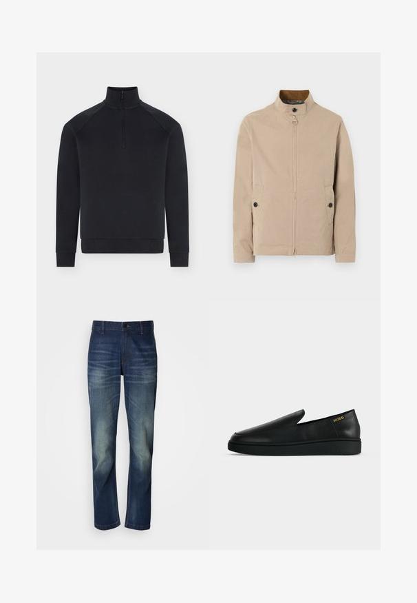 Veste beige pour homme avec col montant, fermeture éclair à l'avant, patte boutonnée au col, poches latérales à boutons, et manches longues.; Pull noir à manches longues avec demi-fermeture éclair devant, col montant, poignets et bas côtelés, présenté sur fond blanc.; Jean en denim bleu foncé avec une coupe droite, présentant un délavage à l'avant, une braguette à boutons et un design classique à cinq poches.; Chaussure noire en cuir à enfiler avec semelle épaisse et marquage "HUGO" en or près du talon sur un fond uni gris clair.