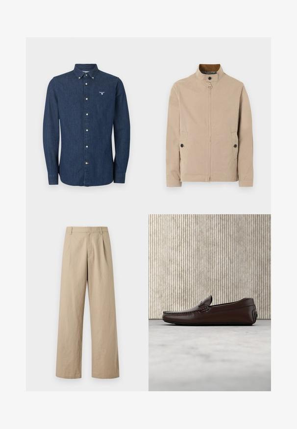 Veste beige pour homme avec col montant, fermeture éclair à l'avant, patte boutonnée au col, poches latérales à boutons, et manches longues.; Chemise en denim bleu foncé à manches longues avec fermeture à boutons, col boutonné et logo Barbour blanc sur la poitrine gauche.; Pantalon beige à jambes larges avec passants de ceinture, fermeture éclair devant, et plis, présenté sur fond blanc.; Mocassins en cuir marron avec une finition lisse, des coutures de style mocassin, un bout rehaussé et une semelle en caoutchouc basse et flexible.