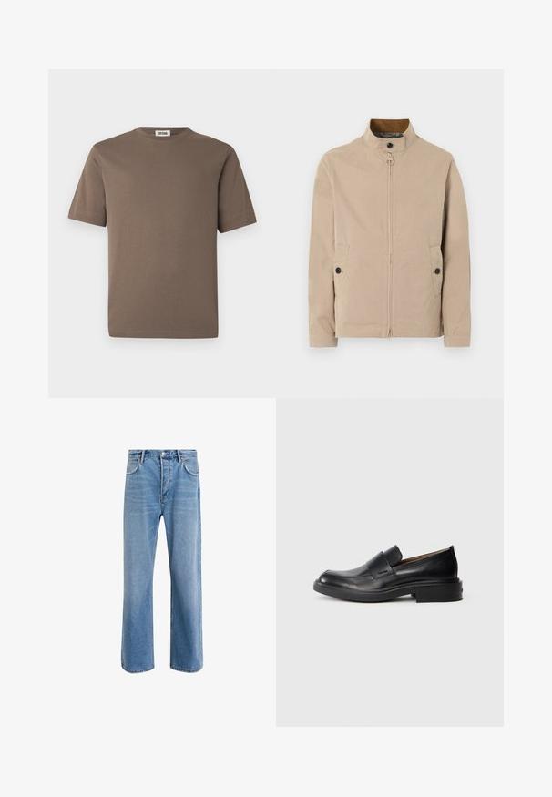 Veste beige pour homme avec col montant, fermeture éclair à l'avant, patte boutonnée au col, poches latérales à boutons, et manches longues.; T-shirt en coton marron à manches courtes, col rond et texture lisse. Présente un ourlet droit et un design minimaliste.; Jeans en denim bleu clair avec une coupe droite, cinq poches, fermeture à bouton, peu d'usure et des détails de couture contrastés.; Chaussure habillée noire en cuir, à enfiler, avec un petit talon et un logo Calvin Klein discret sur le côté, présentée de profil sur un fond blanc.