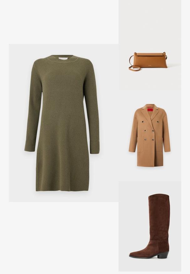 Dubbelgeknoopte jas van zachte camelwol, met grote voorzakken, zwarte knopen en een reverskraag.; CLOSED CREW NECK DRESS LONG SLEEVE - Gebreide jurk - forest green; Bruine suède kniehoogte laars met een vierkante neus, textuur op het oppervlak en een lage blokhak. Eenvoudig ontwerp zonder zichtbare hardware of accenten.; Bruine lederen clutch, rechthoekige vorm, gestructureerd oppervlak, afneembare schouderband, ritsluiting, subtiel logo op de voorkant geperst.