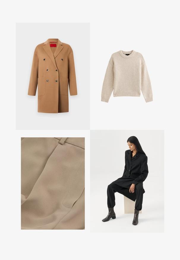 Dobbeltradet frakke i blød kamelhårulld, med store forlommer, sorte knapper og et revers med hak.; Beige strikket sweater med rund hals, lange ærmer og ribbet kant. Tekstureret stof med en blød udseende. Enkel og alsidig design.; Reiss PETITE FIT - EDEN ELASTICATED WAIST WIDE - Bukser - mink neutral; Kvinde med langt mørkt hår, siddende iført en løs sort blazer, matchende vidde bukser og mørke ankelstøvler mod en ensfarvet hvid baggrund.