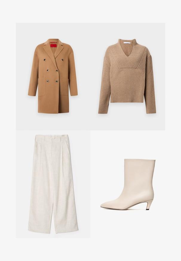 Dobbeltradet frakke i blød kamelhårulld, med store forlommer, sorte knapper og et revers med hak.; Beige ribstrikket sweater med dyb V-udskæring, lange ærmer og en struktureret panel ved brystet. Korte længde med en afslappet pasform.; Beige brede benbukser lavet af et letvægtigt, struktureret stof. Har en plisseret front og en skræddersyet talje for en struktureret pasform.; Beige læder ankelstøvle med spids tå og konisk hæl. Glat tekstur med minimal syning og en strømlinet silhuet.