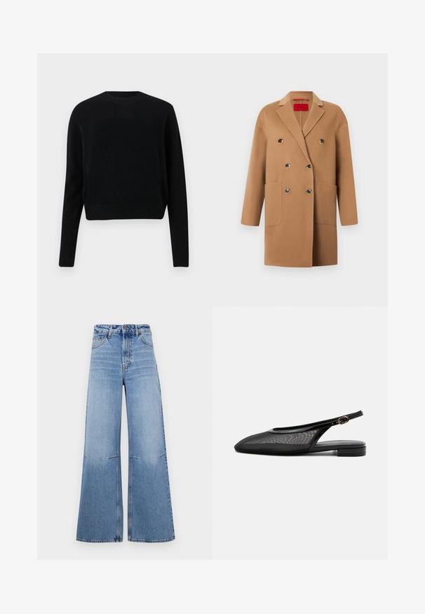 Dobbeltradet frakke i blød kamelhårulld, med store forlommer, sorte knapper og et revers med hak.; Sort kortærmet sweater lavet af strikket stof. Har rund hals og ribbede manchetter og kant. Enkel, klassisk design uden mønstre eller udsmykninger.; Lyseblå, brede denimjeans med høj talje, der har frontlommer og sømdetaljer, der løber lodret ned ad benene.; Sort slingback flad sko med spids tå, mesh overdel, justerbar spænde rem og lav stablet hæl på hvid baggrund.