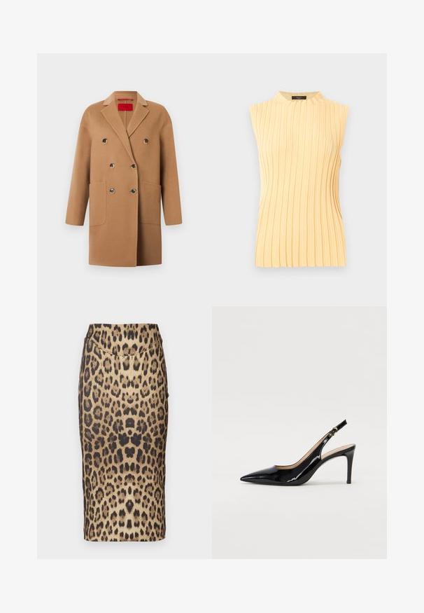 Dobbeltradet frakke i blød kamelhårulld, med store forlommer, sorte knapper og et revers med hak.; Ærmeløs lys gul ribstrikket top med høj rund halsudskæring og lodrette teksturerede striber.; Leopardprint blyantnederdel med en tætsiddende design, mellemhøj talje og glat tekstur. Mønsteret består af varierede brune og sorte pletter.; Sort patenteret læder slingback stiletto med spids tå, slank hæl og et subtilt udskæringsdesign. Har en gylden spænde på remmen.