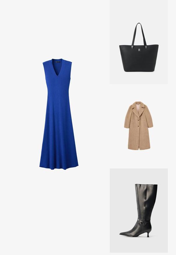 Manteau teddy couleur camel avec un col en V, des manches longues et trois boutons noirs. Il est doté d'un tissu texturé et doux sur l'ensemble.; Robe tricotée bleu roi sans manches avec col en V et jupe midi évasée, présentée sur fond blanc.; Botte en cuir noire montant jusqu'au genou, avec un bout pointu et un petit talon bas, présentée sur un fond clair uni.; Sac fourre-tout en cuir noir avec une surface texturée, accessoires en métal argenté et double poignées. Présente une accent de logo sur le devant et un design ouvert.