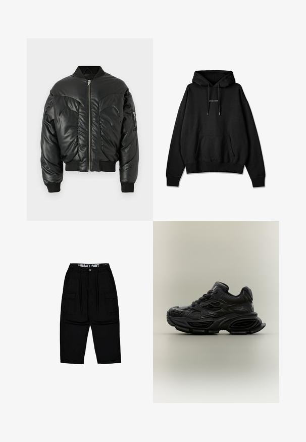 Schwarze gepolsterte Bomberjacke mit hohem Kragen, Reißverschluss, gerippten Ärmelbündchen und seitlichen Taschen, ausgestattet mit einer glatten Lederoberfläche und geschwungenen Nahtdetails.; Schwarze Kapuzenjacke aus Baumwollmischung, mit einer Kängurutasche, Kordelzugkapuze und dem Frontlogo "PEGADOR" in Silber. Weicher Stoff, lockere Passform.; Schwarze Cargo-Hose mit Gürtelschlaufen, Frontknopf, Reißverschluss, seitlichen Klappentaschen und dem Aufdruck "AIRCRAFT PANT" am inneren Bund.; Schwarzer klobiger Sneaker mit strukturiertem Design, dicker Sohle und Schnürverschluss vor schlichtem neutralem Hintergrund.