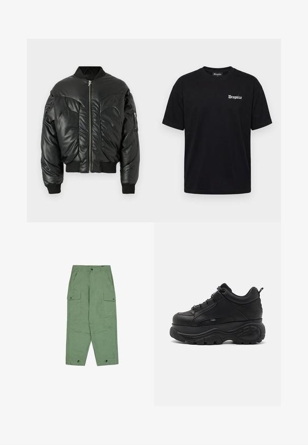 Schwarze gepolsterte Bomberjacke mit hohem Kragen, Reißverschluss, gerippten Ärmelbündchen und seitlichen Taschen, ausgestattet mit einer glatten Lederoberfläche und geschwungenen Nahtdetails.; Schwarzes T-Shirt mit kurzen Ärmeln, rundem Ausschnitt und kleinem weißen "Dropsize" Schriftzug auf der linken Brust.; Grüne Cargo-Hosen mit lockerer Passform, zwei großen Seitentaschen und verstellbaren Knöchellängen. Hergestellt aus strukturiertem Baumwollstoff.; Schwarze Leder-Chucksneaker mit dicker Gummisohle, schlankem Design und strukturierten Akzenten. Verfügt über Schnürsenkel und eine Zuglasche an der Ferse.