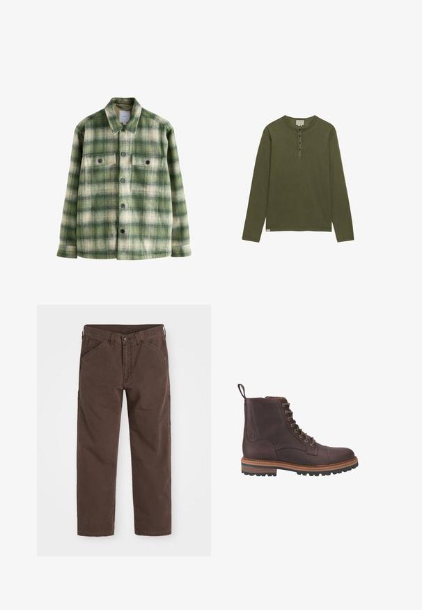 Groen en crème geruit shirtjack met twee borstzakken, zwarte knopen en een kraag. Gemaakt van zachte, gestructureerde stof.; Olijfgroen henley-shirt met lange mouwen, vier zwarte knopen en een ronde hals, weergegeven op een witte achtergrond.; Bruine rechte broek met voor- en zijkiezen, knoopsluiting en riemlussen, plat gelegd op een witte achtergrond.; Bruine leren veterschoenen tot boven de enkel met een gestructureerde afwerking, contrasterende beige zolen en metalen veteroogjes. Voorzien van een trekkoordje voor gemakkelijk aan- en uittrekken.