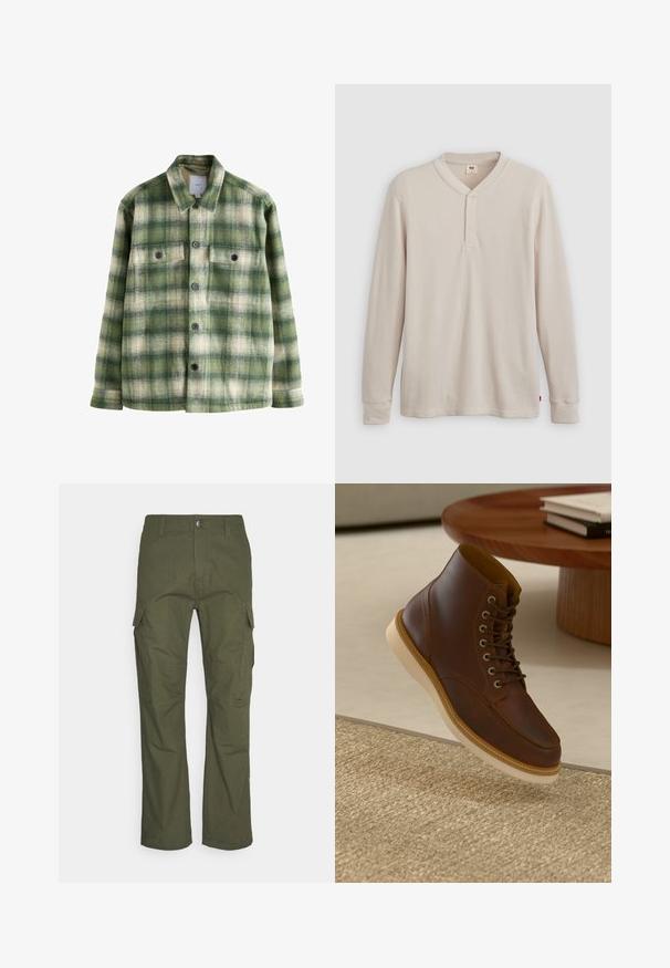 Groen en crème geruit shirtjack met twee borstzakken, zwarte knopen en een kraag. Gemaakt van zachte, gestructureerde stof.; Lange mouwen henley-shirt in lichtbeige ribbelstof, met een V-hals, een drieknoopsluiting en manchetten. Rode logo-label aan de onderkant.; Cargo-broek in donkergroen olijf, met meerdere zijzakken, een rechte pasvorm en een duurzame stof met een gestructureerde afwerking.; Bruine leren enkelboot met beige zool op een gestructureerd beige vloerkleed naast een ronde houten tafel met opgestapelde boeken.