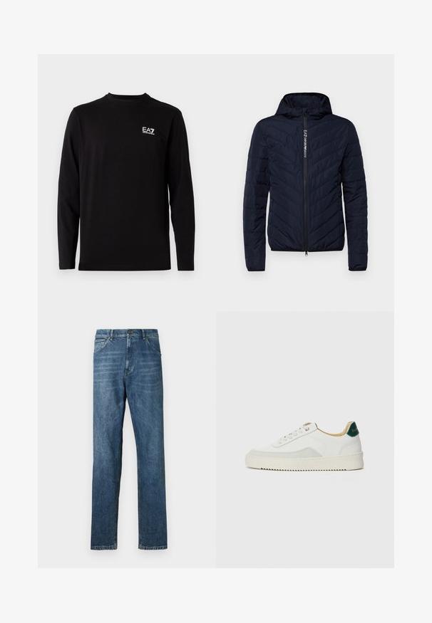 Chaqueta acolchada azul marino con capucha y cremallera frontal, con acolchado en forma de chevrón y un logo en la cinta de la cremallera, hecha de material ligero.; Camisa negra de manga larga hecha de tela suave. Presenta un pequeño logo blanco en la parte superior izquierda del pecho. Cuello redondo sencillo y corte recto.; Jeans de mezclilla azul oscuro, diseño de pierna recta, estilo de cinco bolsillos, costura visible y cierre clásico de botón. Ligera efecto de lavado en la tela.; Zapatilla blanca con acentos de ante, puntera redondeada, cordones planos y suela de goma color crema. Presenta un logo verde en el talón.