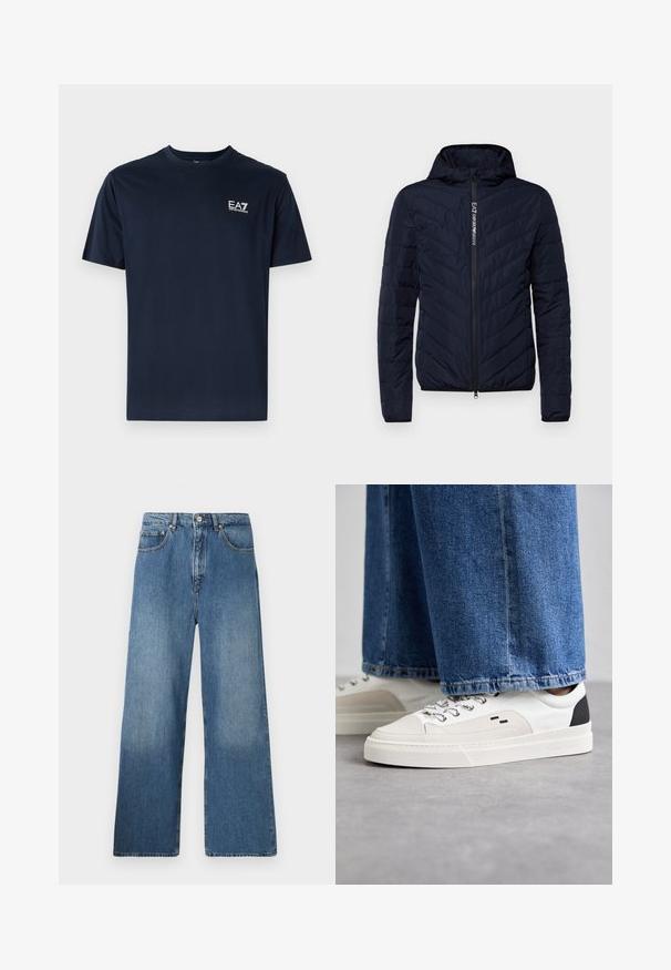 Námornícky modrá bundová puffer jacket s kapucňou a zipsom vpredu, s chevronovým prešívaním a logom na zipsovej páske, vyrobená z ľahkého materiálu.; Námornícky modré bavlnené tričko s krátkymi rukávmi, okrúhlym výstrihom a logom EA7 na ľavej hornej strane v bielej farbe. Hladká textúra, ležérny dizajn.; Džíny s širokými nohavicami v modrej denimovej farbe ponúkajú klasický dizajn s piatimi vreckami, predným zapínaním na gombík a miernym osvetlením pre textúru.; Biele a čierne tenisky s hladkým koženým zvrškom, štruktúrovanými akcentmi a masívnou bielou podrážkou. Obsahujú klasický dizajn so šnurovaním.