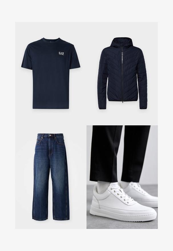 Námornícky modrá bundová puffer jacket s kapucňou a zipsom vpredu, s chevronovým prešívaním a logom na zipsovej páske, vyrobená z ľahkého materiálu.; Námornícky modré bavlnené tričko s krátkymi rukávmi, okrúhlym výstrihom a logom EA7 na ľavej hornej strane v bielej farbe. Hladká textúra, ležérny dizajn.; Tmavomodré široké džínsy z denimovej látky. Majú klasický pás so slučkami na opasok, predné vrecká a rovný strih.; Biele kožené tenisky s plochou gumovou podrážkou, s hladkým povrchom, okrúhlou špičkou a kovovými očkami na šnúrky. Nosené s čiernymi nohavicami.
