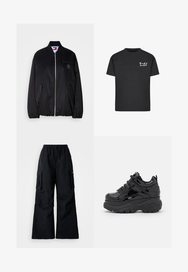 Chaqueta bomber negra hecha de tela suave, con cierre frontal de cremallera, cuello acanalado, bolsillos laterales y un pequeño logo bordado en el pecho.; Camiseta de algodón negra con cuello redondo. Presenta texto en blanco, incluyendo caracteres japoneses y "Slurp Away", en el área del pecho izquierdo.; Pantalones cargo negros de pierna ancha, con cinturilla elástica, cordón ajustable y dos bolsillos laterales. Hechos de un tejido suave y ligero.; Zapatillas negras de plataforma con un acabado brillante de charol, que cuentan con suelas de goma gruesas, diseño de cordones y un detalle de logotipo en el lateral.