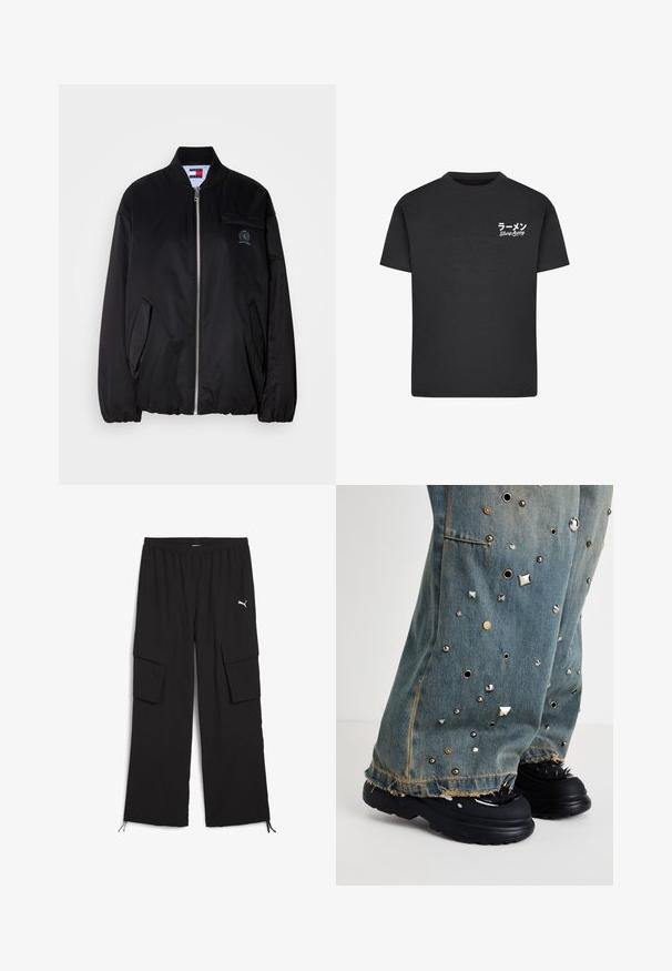 Chaqueta bomber negra hecha de tela suave, con cierre frontal de cremallera, cuello acanalado, bolsillos laterales y un pequeño logo bordado en el pecho.; Camiseta de algodón negra con cuello redondo. Presenta texto en blanco, incluyendo caracteres japoneses y "Slurp Away", en el área del pecho izquierdo.; Pantalones cargo negros con un diseño de pierna ancha, cintura elástica, dos bolsillos laterales y dobladillos con cordón. Presenta un pequeño logo blanco.; Pantalones de mezclilla acampanados con tachuelas metálicas y ojales. Dobladillo deshilachado y bolsillos visibles. Llevados con zapatos negros de suela gruesa que presentan picos.