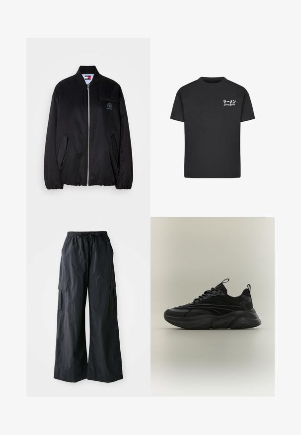 Sort bomberjakke lavet af glat stof med lynlås foran, ribbet krave, sidelommer og et lille broderet logo på brystet.; Sort bomulds T-shirt med rund hals. Har hvid tekst, inklusive japanske tegn og "Slurp Away," på venstre brystområde.; Sorte cargo-bukser lavet af letvægtigt stof, med vidde i benene, elastisk talje og flere sidelommer. Enkle og funktionelle.; Sort chunky sneaker med tekstureret sål, snørelukning foran og stofstropper på tungen og hælen, vist på neutral baggrund.
