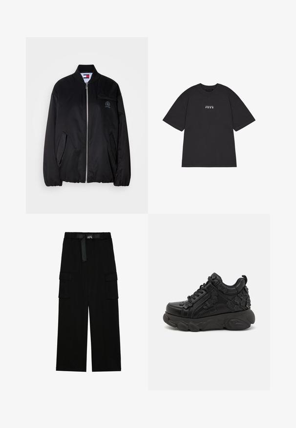 Veste bombardier noire en tissu lisse, avec une fermeture éclair à l'avant, un col côtelé, des poches latérales et un petit logo brodé sur la poitrine.; T-shirt en coton noir à manches courtes, avec un petit texte graphique blanc "PEGAIDOR PGDR" sur le devant. Design simple à encolure ras du cou.; Pantalons cargo noirs avec une coupe large, taille élastique avec une ceinture, et deux grandes poches latérales pour le rangement.; Baskets noires en cuir avec des appliqués floraux, dotées d'une semelle épaisse et d'un système de laçage pour un maintien sécurisé. Détails texturés sur l'ensemble.