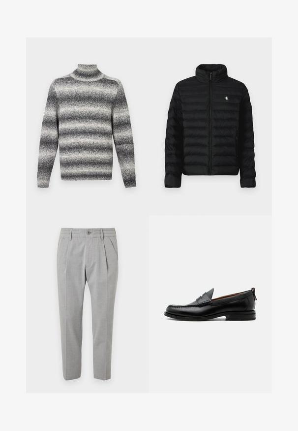 Sort dunjakke med høj krave, lynlås foran og sidelommer. Har quiltet mønster og lille hvidt logo på brystet.; Grå og hvid stribet højhalset sweater med ribstrik i halsen, der tilbyder en blød tekstur og almindelige lange ærmer.; Grå skræddersyede bukser med en glat tekstur, der har et plisseret design, frontlommer, bæltestropper i taljen og en knaplukning.; Sort læder herre loafer med moc-tå syning, penny strop, struktureret krave og lav stablet hæl på hvid baggrund.