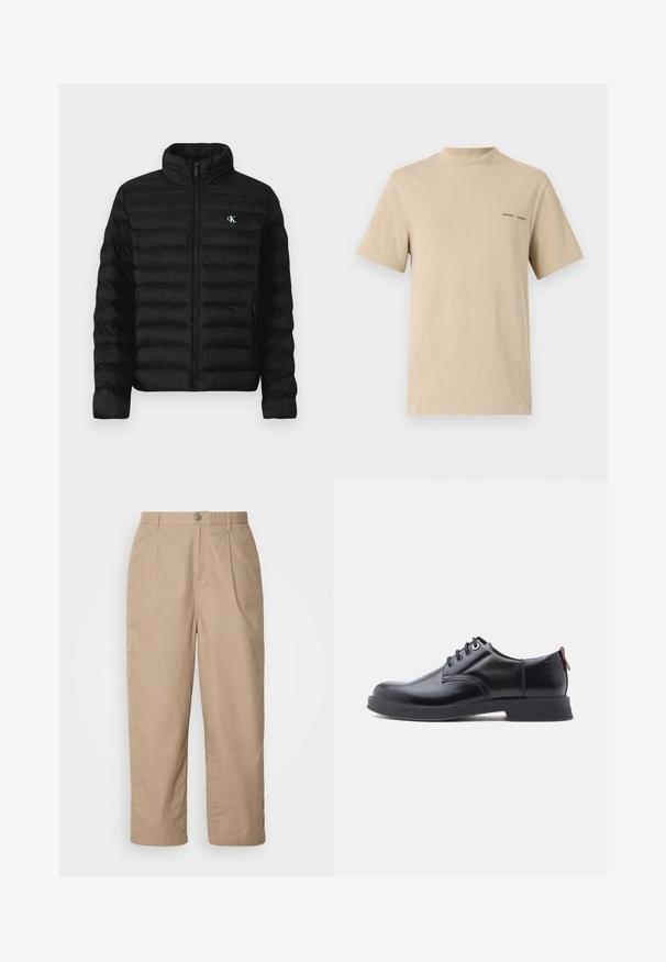 Schwarze Steppjacke mit hohem Kragen, Reißverschluss vorne und Seitentaschen. Verfügt über ein gesteppte Muster und ein kleines weißes Logo auf der Brust.; Beige Baumwoll-T-Shirt mit rundem Ausschnitt und kurzen Ärmeln. Mit dezentem schwarzen "SAMSOE"-Textlogo auf der Brust.; Beige, leichte Baumwollhosen mit gefaltetem Vorderteil, Knopfverschluss und geradem Bein, die eine glatte Textur und keine sichtbaren Muster aufweisen.; Schwarze Leder-Schnürschuhe mit glatter Textur, rundem Zehenbereich und dezenten Ziernähten. Mit einem roten Laschenband an der Ferse.