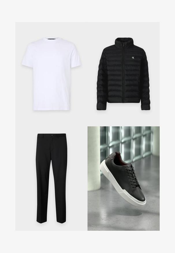 Schwarze Steppjacke mit hohem Kragen, Reißverschluss vorne und Seitentaschen. Verfügt über ein gesteppte Muster und ein kleines weißes Logo auf der Brust.; Weißes Baumwoll-T-Shirt mit kurzen Ärmeln, rundem Halsausschnitt, mit einem dezenten eingeprägten Logo auf der linken Brust, glatte Textur.; Schwarze maßgeschneiderte Hose mit flachem Frontschnitt, normaler Taille und geraden Beinen. Hergestellt aus glattem Material, mit einem einzelnen Knopfverschluss.; Schwarzer Ledersneaker mit weißer, dicker Sohle und schwarzen Schnürsenkeln, schwebt über einem grauen Betonboden in der Nähe einer Glasbausteinwand.