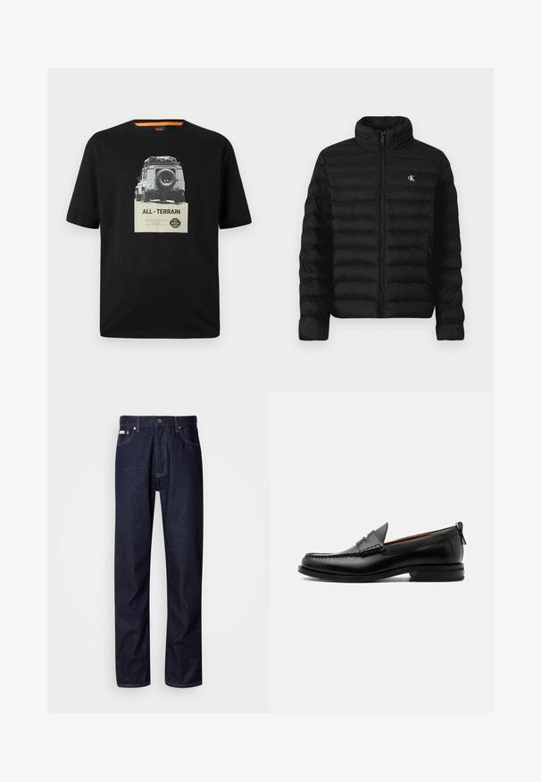 Schwarze Steppjacke mit hohem Kragen, Reißverschluss vorne und Seitentaschen. Verfügt über ein gesteppte Muster und ein kleines weißes Logo auf der Brust.; Schwarzes Baumwoll-T-Shirt mit Rundhalsausschnitt, das einen grafischen Druck eines klassischen Fahrzeugs und den Text "ALL - TERRAIN" auf der Brust zeigt.; Dunkelblaue Denim-Jeans mit geradem Bein, ausgestattet mit einem Knopfverschluss, fünf Taschen und kontrastierenden Nähten.; Schwarzer Leder-Herrenschuh mit Mokassinnaht, Penny-Riemen, strukturiertem Kragen und niedrigem gestapeltem Absatz auf weißem Hintergrund.