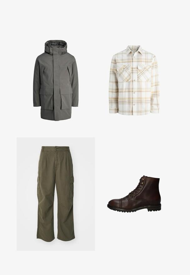 Harmaa vedenpitävä takki, jossa on korkea kaulus, etuvetoketju, suuret etutaskut ja minimalistinen muotoilu. Pehmeä tekstuuri ja jämäkkä muoto.; Ruudullinen paita beige- ja valkoinen, pehmeästä flanellista valmistettu, jossa on kaksi rintataskua, napitus ja terävä kaulus.; Vihreät cargo-housut, valmistettu puuvillasta, leveällä lahjesuunnittelulla, taitoksilla ja sivutaskuilla käytännöllisyyttä varten.; Tummanruskea nahkasaapas, jossa on mustat nauhat ja kova kumipohja, nähtynä ulkopuolelta.