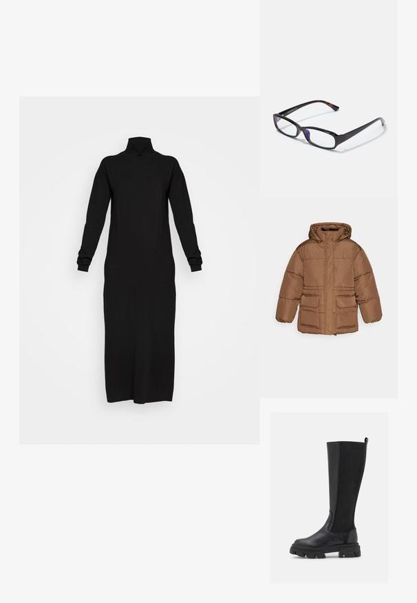 NA-KD PADDED JACKET - Winterjacke - brown; Schwarzes Langarm-Minikleid mit Rollkragen, aus weichem Material, leicht figurbetont, bis zur Mitte der Wade reichend, mit gerippten Bündchen und Ausschnitt.; Schwarze kniehohe Stiefel mit einer glatten Lederfront und einem strukturierten Stoffrücken, ausgestattet mit einer kräftigen, genoppten Sohle und einer Zuglasche für ein einfaches Anziehen.; Rechteckige Brille mit Schildpatt-Muster, schwarzem Kunststoffrahmen und transparenten Gläsern. Mit dünnen Bügeln und leicht geschwungenen Enden.