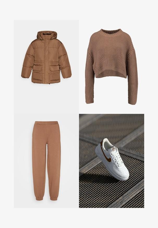 NA-KD PADDED JACKET - Zimná bunda - brown; Hnedý pletený skrátený sveter so ribovanou textúrou, širokými rukávmi a okrúhlym výstrihom. Mäkký, hrubý materiál s voľným strihom.; Vero Moda VMCIKA PANT - Tepláky - brown lentil; Biela kožená teniska s perforáciami, hnedým logom Nike a šnúrkami. Má textúrovanú podrážku a polstrovaný golier.