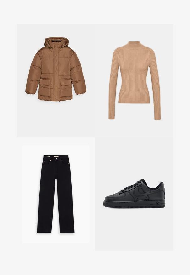 NA-KD PADDED JACKET - Winterjas - brown; Beige geribbelde coltruit met lange mouwen, strakke pasvorm, zachte textuur en een hoge hals.; Zwarte denim jeans met een recht model, vijf zakken, koperen hardware en een gladde textuur. Twee labels zichtbaar op de tailleband.; Zwarte leren sneakers met geperforeerde neus, platte veters en rubberen zool. Voorzien van een klein logo aan de zijkant en gestructureerde details.