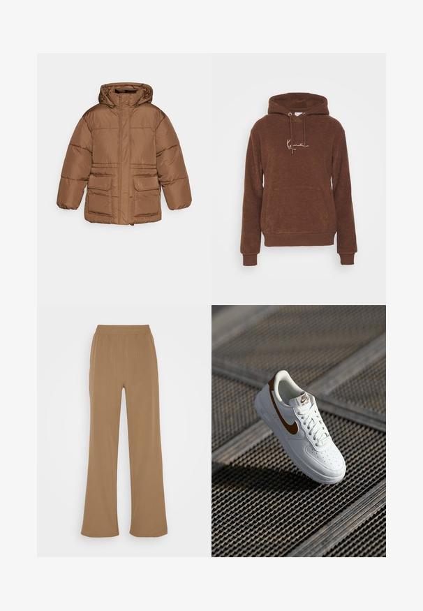NA-KD PADDED JACKET - Zimná bunda - brown; Hnedá mikina s kapucňou vyrobená z textúrovanej tkaniny, vybavená prednou vreckom a šnúrkami na stiahnutie. Vyšívané logo v svetlej farbe.; Noisy May NMKIRBY STRING PANTS - Nohavice - capers; Biela kožená teniska s perforáciami, hnedým logom Nike a šnúrkami. Má textúrovanú podrážku a polstrovaný golier.