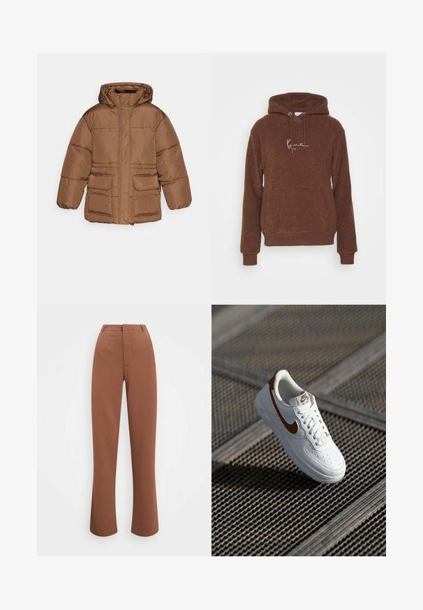 NA-KD PADDED JACKET - Winterjacke - brown; Brauner Kapuzenpullover aus strukturiertem Stoff, mit einer Vordertasche und Zugbändern. Besticktes Logo in hellerer Farbe.; Braune Hosen aus einem glatten Stoff. Sie besitzen einen geraden Schnitt, eine gebügelte Vorderseite und einen normalen Bund mit Gürtelschlaufen.; Weißer Ledersneaker mit Perforationen, braunem Nike-Swoosh und Schnürsenkeln. Verfügt über eine strukturierte Sohle und gepolsterten Kragen.