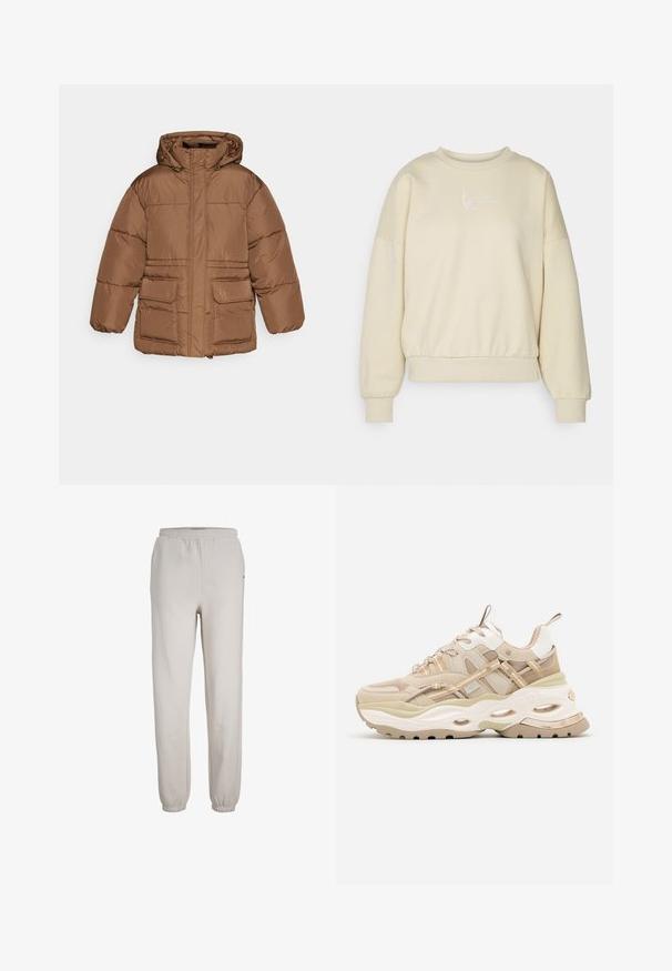 NA-KD PADDED JACKET - Vinterjakker - brown; Beige sweatshirt med rund halsudskæring, dropped skuldre og elastisk talje. Har hvidt broderet tekst på brystet. Blød tekstur.; Lyse beige joggerbukser med elastisk talje og ankler, med afslappet pasform og glat stoftekstur.; Beige og hvide chunky sneakers med tyk sål, mesh- og læderpaneler, ovale udskæringer i mellemsålen, trækstropper på tunge og hæl.