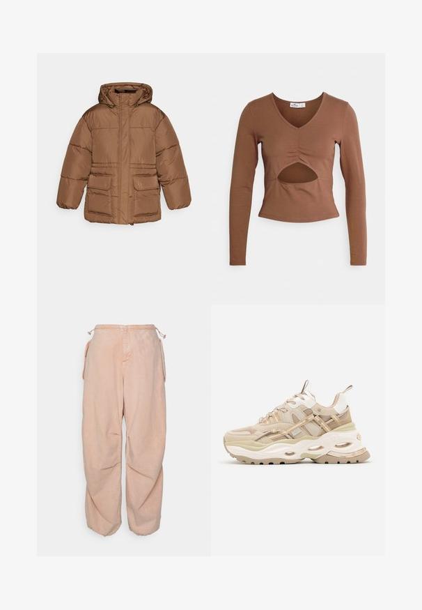 NA-KD PADDED JACKET - Vinterjakker - brown; Brun langærmet bluse i blødt stof med V-udskæring, rynke detaljer og udskæring i taljen. Tættelæggende design med cropped længde.; BDG Urban Outfitters BAGGY CARGO - Jeans Relaxed Fit - acid pink; Beige og hvide chunky sneakers med tyk sål, mesh- og læderpaneler, ovale udskæringer i mellemsålen, trækstropper på tunge og hæl.