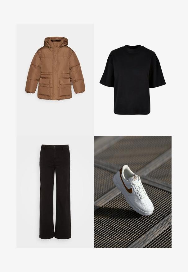 NA-KD PADDED JACKET - Zimná bunda - brown; Čierne bavlnené tričko s vysokým golierom, krátkymi rukávmi a voľným, štvorcovým strihom bez viditeľných vzorov alebo akcentov.; American Eagle BAGGY WIDE LEG - Široké nohavice - black wash; Biela kožená teniska s perforáciami, hnedým logom Nike a šnúrkami. Má textúrovanú podrážku a polstrovaný golier.