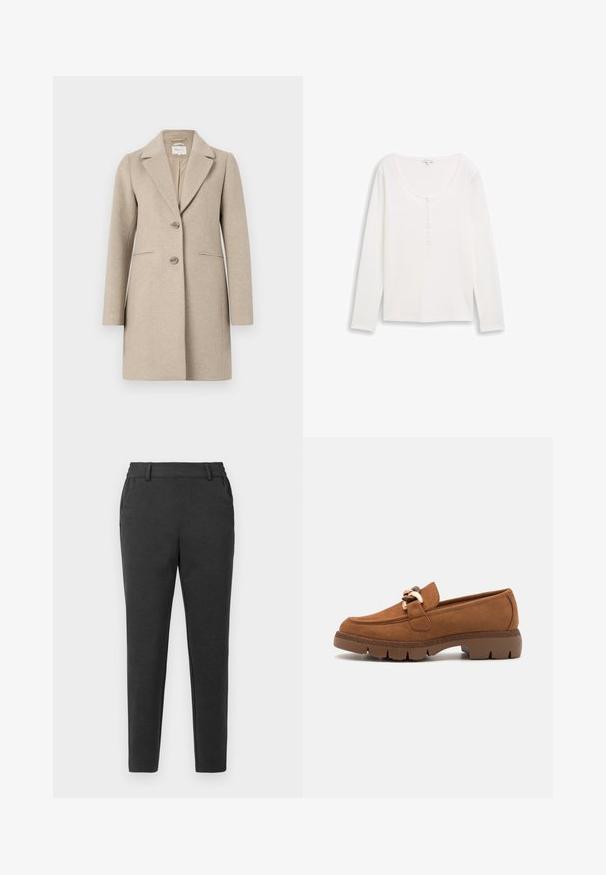 Beige uld-blend frakke med skræddersyet silhuet, slagkrave, to-knaps lukning og sidelommer. Blød tekstur, minimalistisk design.; Hvid ribbet langærmet top med rund halsudskæring og en delvis knaplukning. Blød tekstur, tætsiddende design og minimalistisk stil.; Mørkegrå slim-fit bukser med bæltestropper, sidelommer og en tapered ben-design på en ensfarvet lys baggrund.; Brune ruskindsloafers med en dekorativ kæde i guldfarve, der har en tekstureret gummisål og rund tådesign.