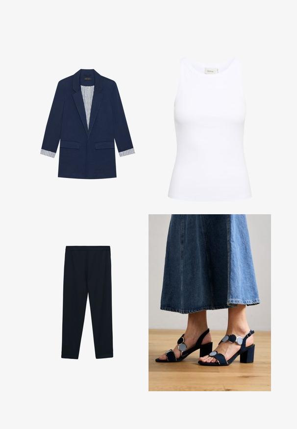 Marineblauwe blazer met klep- en knoopsgat, twee voorste kleppockets en gestreepte voering zichtbaar bij de manchetten en aan de binnenkant van de voorkant.; Witte geribde tanktop met een ronde halslijn en zonder mouwen. Rekbaar materiaal en een aansluitend ontwerp. Het label op de achterkant zegt "GESTUZ."; Zwarte, enkellange leggings gemaakt van gladde, rekbare stof. Heeft een brede, platte tailleband en geen zichtbare naden of versieringen.; Marco Tozzi Sandalen - navy