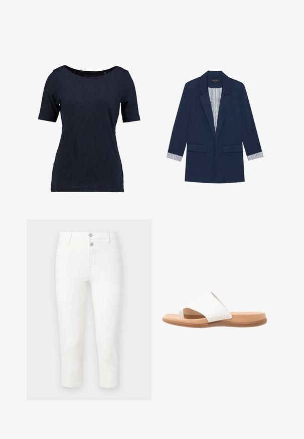Marineblauer Blazer mit Reverskragen, zwei vorderen Klappentaschen und gestreiftem Futter, das an den Manschetten und im Inneren sichtbar ist.; Kragenloses T-Shirt aus Baumwolle in Marineblau mit kurzen Ärmeln. Es verfügt über einen U-Boot-Ausschnitt und einen lockeren Schnitt mit seitlichen Schlitzen für mehr Bewegungsfreiheit.; Weiße, verkürzte Jeans aus einem Baumwoll-Mischgewebe. Verfügt über zwei Fronttaschen, zwei Gesäßtaschen und eine glatte Oberfläche. Verschluss mit Metallknopf.; Weiße Riemensandalen mit einem strukturierten Lederoberteil, offenes Zedesign und einer gepolsterten, tanfarbenen Sohle. Verfügt über geflochtene Details an der Seite.
