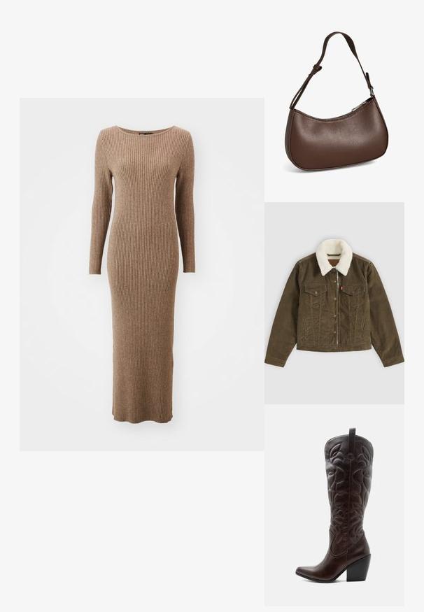 Braune Cordjacke mit weißem Sherpa-Kragen, Knopfverschluss, zwei Brusttaschen und zwei Seitentaschen, flach auf grauem Hintergrund dargestellt.; Langärmliges, geripptes Kleid in einem warmen Braunton, mit rundem Ausschnitt und taillierter Passform, das bis zu den Knöcheln reicht.; Hoher dunkelbrauner Leder-Cowboystiefel mit gestickten dekorativen Mustern, spitzer Spitze und gestapeltem Blockabsatz.; Kleine braune Lederschultertasche mit verstellbarem Riemen und Reißverschluss, vor weißem Hintergrund. Kein sichtbares Branding oder Verzierung.