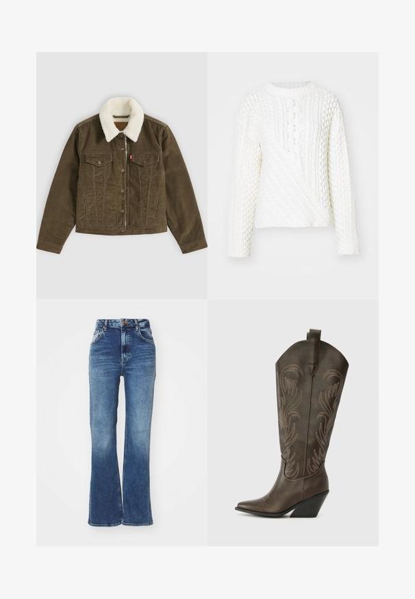 Bruine corduroy jas met witte sherpa kraag, knoopsluitingen, twee borstzakken en twee zijzakken, plat getoond op een grijze achtergrond.; Witte gebreide trui met een textuur kabelpatroon, ronde halslijn en lange mouwen. Het ontwerp heeft een diagonaal voorkantstuk.; Hoge taille flared jeans in middelblauw denim. Vijf-pocket ontwerp met een knoopsluiting aan de voorkant. Kenmerkt een vervaagde wassing en contrasterende stiksels.; Bruine leren cowboylaars met een spitse neus, wiggenhak en decoratieve borduursels. Heeft een hoge schacht en een trekriem.
