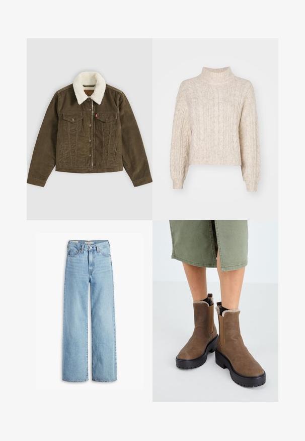 Brun kordfløjlsjakke med hvid sherpa-krave, knaplukning, to brystlommer og to sidelommer, vist fladt på en grå baggrund.; Cremefarvet cropped sweater med høj hals, der har et tekstureret kabelstrikket mønster og lange, let puffede ærmer.; Højtaljede, lyseblå, vide bukser med knap og lynlås fortil, bæltestropper og fem lomme-stil.; Brune læder ankelstøvler med gummisål, blød foring og elastiske sideindsatser. Har en lav blokhæl og en glat overflade.