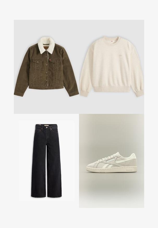 Braune Cordjacke mit weißem Sherpa-Kragen, Knopfverschluss, zwei Brusttaschen und zwei Seitentaschen, flach auf grauem Hintergrund dargestellt.; Beiges Sweatshirt mit Rundhalsausschnitt, langen Ärmeln sowie gerippten Bündchen und Saum, mit kleinem Logo auf der linken Brust.; Schwarze weite Jeans aus Denim mit fünf Taschen, Kupferrivets und einem klassischen Knopfverschluss. Glatte Textur mit einem klaren Design.; Niedriger off-white Reebok Sneaker mit Schnürung vorne, strukturierter Sohle und dezentem Reebok-Logo an der Seite und Ferse vor einfachem Hintergrund.