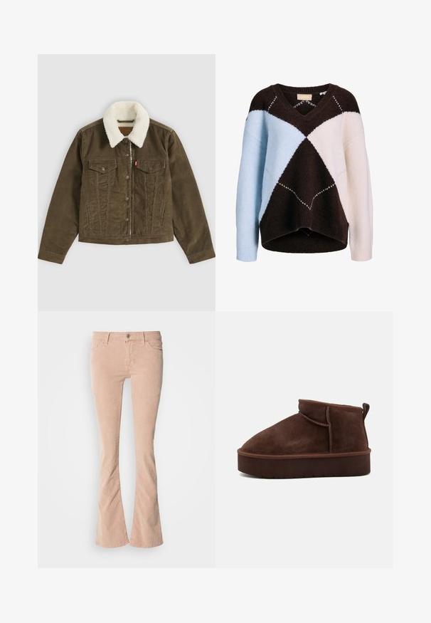 Brun kordfløjlsjakke med hvid sherpa-krave, knaplukning, to brystlommer og to sidelommer, vist fladt på en grå baggrund.; V-hals sweater med oversize pasform, med lyseblå, cremefarvede og mørkebrune farveblokke i et geometrisk mønster.; Lysrosa fløjl flared jeans med subtil ribbet tekstur, frontlommer, lynlås og knaplukning, samt en let falmning langs benene.; Brune ruskind ankelstøvle med en rund tå, blød tekstur og en tyk platformsål. Har en diskret sømdetalje og en pull-tab bagpå.