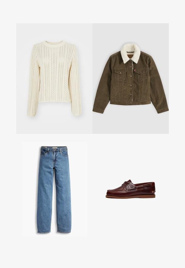 Chaqueta de pana marrón con cuello sherpa blanco, cierre de botones, dos bolsillos en el pecho y dos bolsillos laterales, mostrada plana sobre un fondo gris.; Suéter de punto color crema con un patrón texturizado de rayas verticales y un diseño de calado; cuenta con mangas largas y un escote redondo.; Vaqueros de denim azul claro con corte recto, cinco bolsillos, costuras visibles y una textura ligeramente desgastada. Cierre estándar de botón y cremallera.; Zapato náutico de cuero marrón con cordones, detalles de costura y logo de Timberland en el lateral, mostrado sobre un fondo blanco.